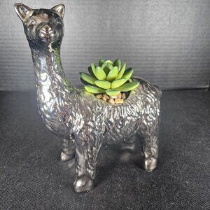 Silver Finish Ceramic Llama With Faux Succulents And Potpourri Compartments 7.5"